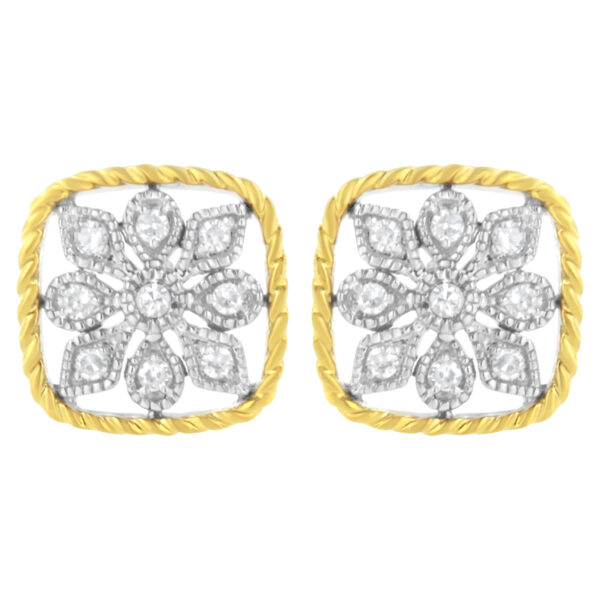 10K Yellow Gold Plated .925 Sterling Silver 1/4 cttw Diamond "Flower in a Box" Stud Earrings (I-J Color, I2-I3 Clarity)