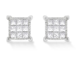 10K White Gold 1/3 Cttw Invisible Set Princess-Cut Diamond 18 Stone Composite Stud Earrings with Screwbacks (I-J Color, SI2-I1 Clarity)