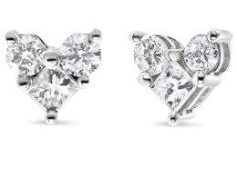 10K White Gold 1/2 Cttw Diamond 3 Stone Trio Heart Stud Earring (I-J Color, I1-I2 Clarity)