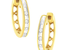10K Yellow Gold Plated .925 Sterling Silver Channel Set Round-Cut Diamond Accent Classic Hoop Earrings (I-J Color, I1-I2 Clarity)