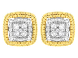 10K Yellow Gold Plated .925 Sterling Silver 1/10 Cttw Prong-Set Round Cut Diamond Square Shape with Milgrain Halo Stud Earrings (I-J Color, I2-I3 Clarity)
