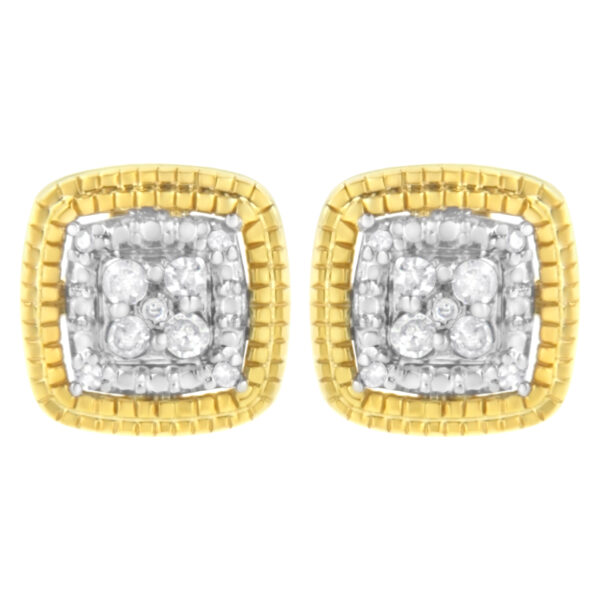 10K Yellow Gold Plated .925 Sterling Silver 1/10 Cttw Prong-Set Round Cut Diamond Square Shape with Milgrain Halo Stud Earrings (I-J Color, I2-I3 Clarity)
