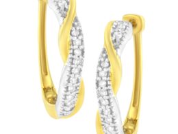 10K Yellow and White Gold Plated .925 Sterling Silver 1/4 cttw Pave Set Round-Cut Diamond Swirling Hoop Earring (I-J Color, I2-I3 Clarity)