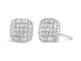 10K White Gold 1/2 Cttw Invisible-Set Princess Cut & Prong-Set Baguette Diamond Composite Stud Earrings (H-I Color, I1-I2 Clarity)