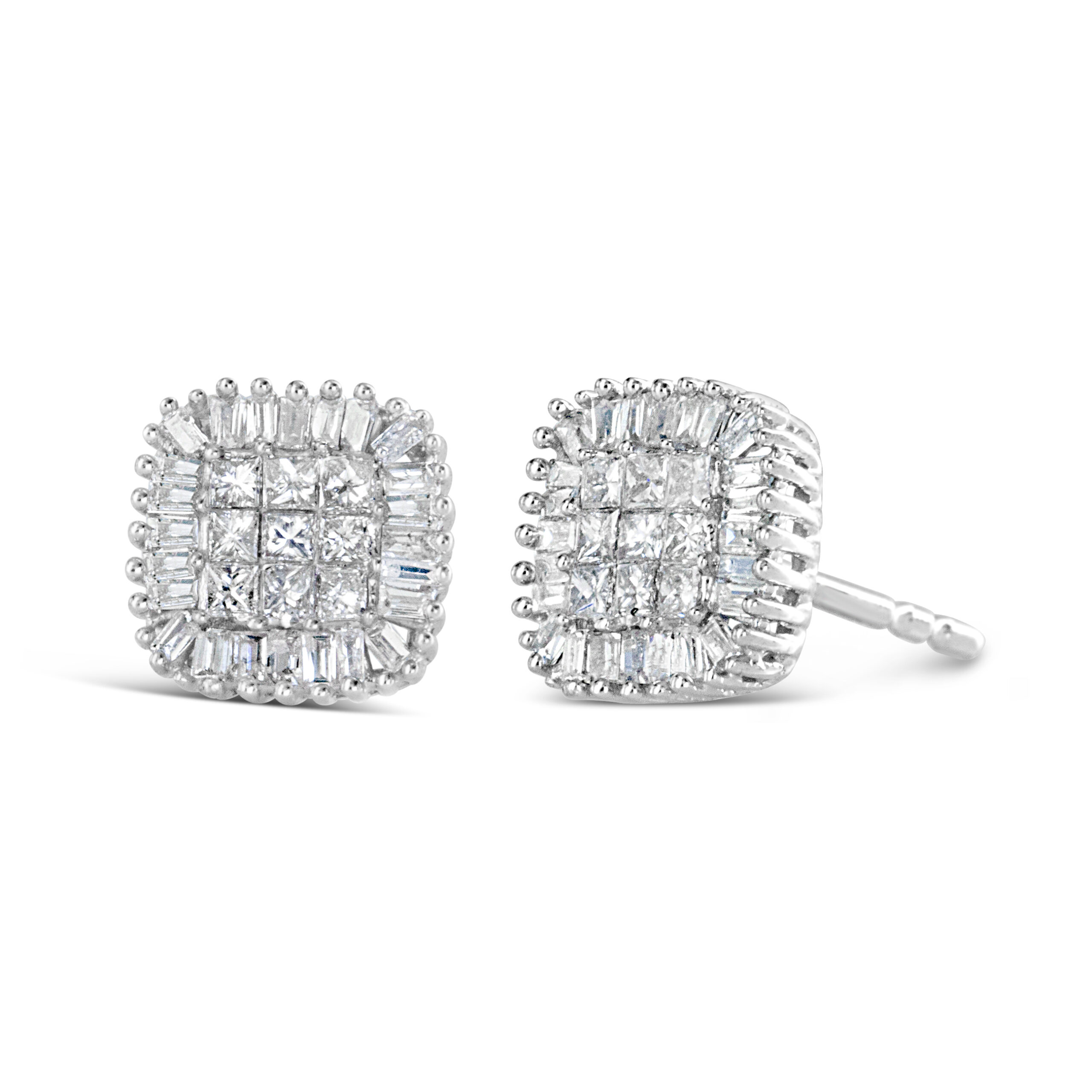 10K White Gold 1/2 Cttw Invisible-Set Princess Cut & Prong-Set Baguette Diamond Composite Stud Earrings (H-I Color, I1-I2 Clarity)
