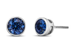 14K White Gold 1.0 Cttw Blue Lab Grown Diamond Screw-Back Classic Bezel Solitaire Stud Earrings (Blue Color, VS2-SI1 Clarity)