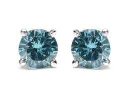 14K White Gold 1/2 Cttw Aqua Blue Diamond Screw-Back 4-Prong Classic Stud Earrings (Color Treated, I2-I3)