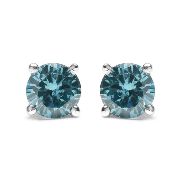 14K White Gold 1/2 Cttw Aqua Blue Diamond Screw-Back 4-Prong Classic Stud Earrings (Color Treated, I2-I3)