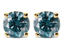 14K Yellow Gold 1/2 Cttw Round Brilliant Cut Lab Grown Blue Diamond 4-Prong Classic Solitaire Stud Earrings (Blue Color, VVS2-VS1 Clarity)