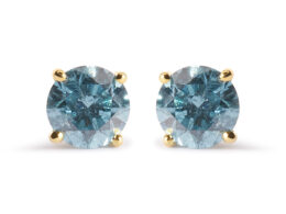 14K Yellow Gold 1.0 Cttw Treated Aqua Blue Diamond Classic Solitaire Stud Earrings (Aqua Blue Color, I2-I3 Clarity)