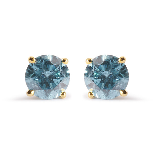 14K Yellow Gold 1.0 Cttw Treated Aqua Blue Diamond Classic Solitaire Stud Earrings (Aqua Blue Color, I2-I3 Clarity)