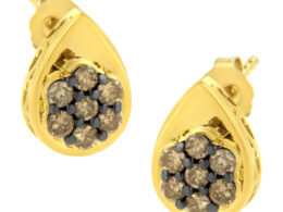10K Yellow Gold Plated .925 Sterling Silver 1/2 Cttw Prong Set Round-Cut Diamond Floral Cluster Stud Earring (Champagne Color, I1-I2 Clarity)