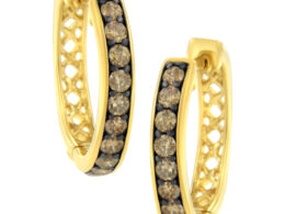 10K Yellow Gold and Black Rhodium Plated 1.0 Cttw Round-Cut Diamond Hoop Earrings (Champagne Color, I1-I2 Clarity)