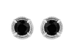 .925 Sterling Silver 2 cttw Treated Black Diamond Modern 4-Prong Solitaire Milgrain Stud Earrings (Black Color, I1-I2 Clarity)