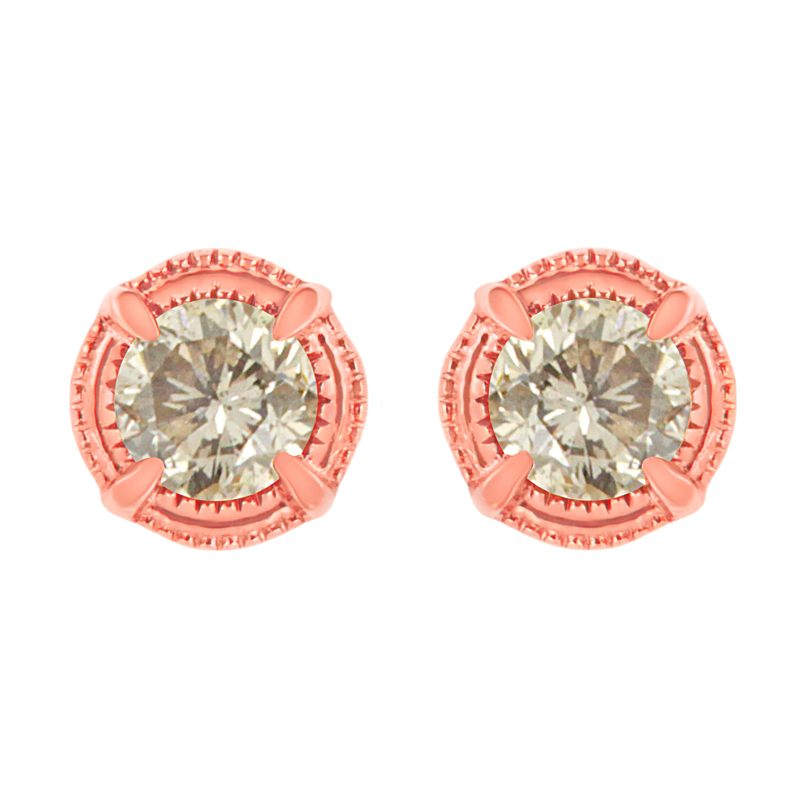 14K Rose Gold Plated .925 Sterling Silver 1.0 Cttw Round Brilliant Cut Diamond Solitaire Milgrain Stud Earrings (K-L Color, I2-I3 Clarity)
