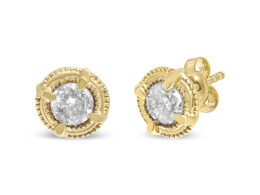 14K Yellow Gold Plated .925 Sterling Silver 1-1/2 Cttw Round Brilliant Cut Diamond Solitaire Milgrain Stud Earrings (K-L Color, I2-I3 Clarity)