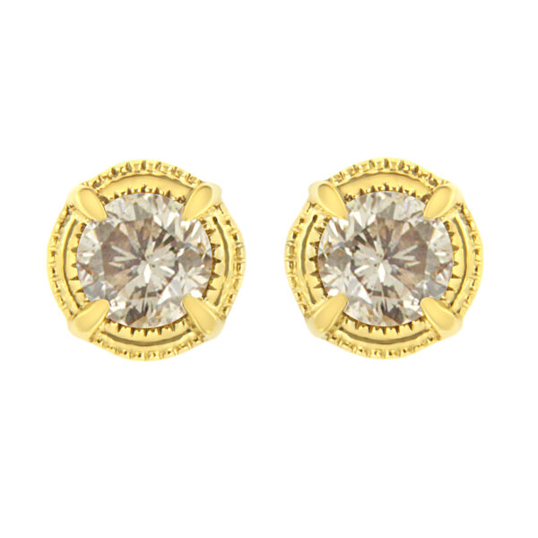 14K Yellow Gold Plated .925 Sterling Silver 1/2 Cttw Round Brilliant Cut Diamond Solitaire Milgrain Stud Earrings (K-L Color, I2-I3 Clarity)