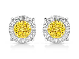10K Yellow Gold Plated .925 Sterling Silver 1/4 Cttw Yellow Color Treated Diamond Cluster Flower Earrings (Yellow Color, I2-I3 Clarity)