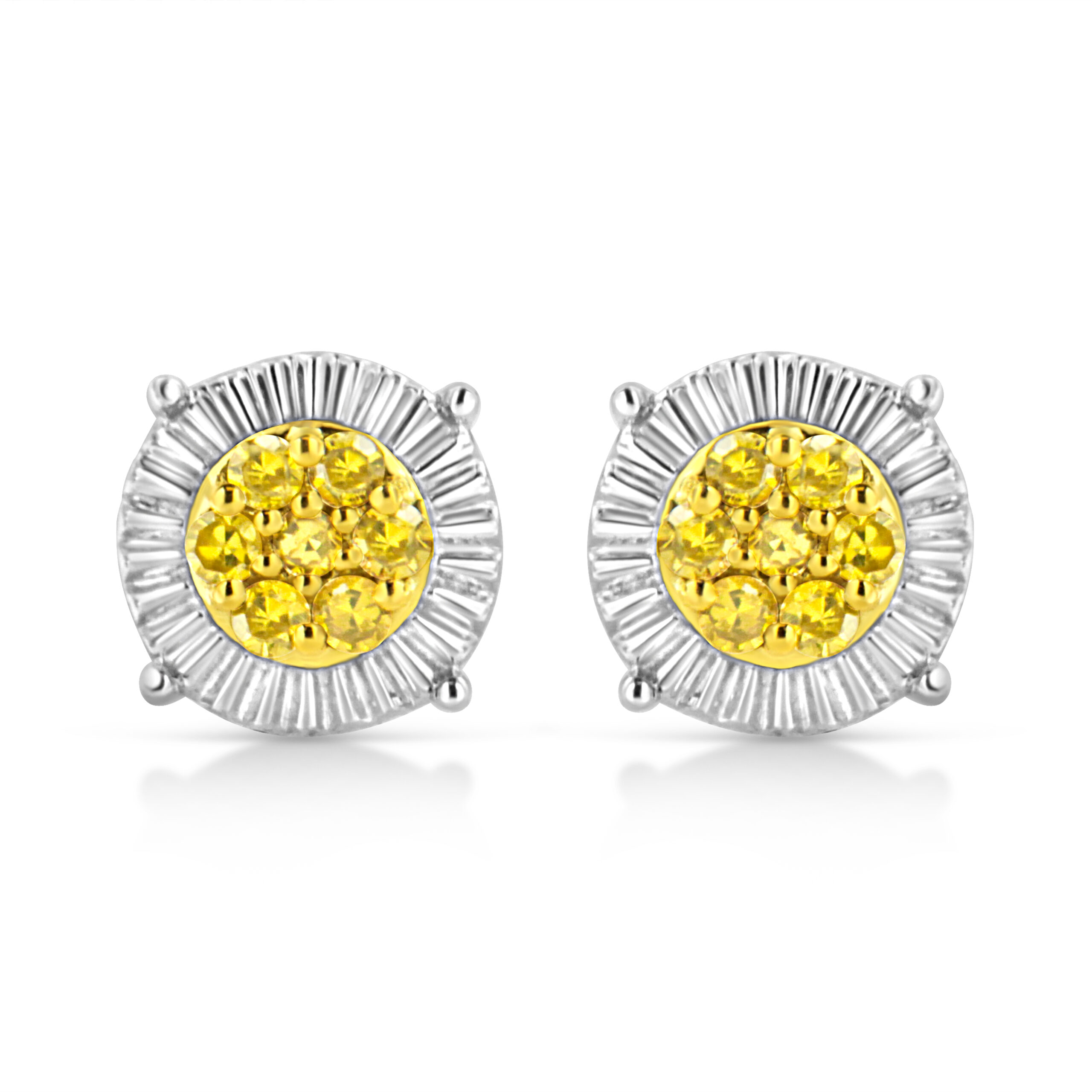 10K Yellow Gold Plated .925 Sterling Silver 1/4 Cttw Yellow Color Treated Diamond Cluster Flower Earrings (Yellow Color, I2-I3 Clarity)