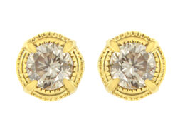 14K Yellow Gold Plated .925 Sterling Silver 3/8 Cttw Round Brilliant Cut Diamond Solitaire Milgrain Stud Earrings (K-L Color, I2-I3 Clarity)