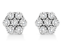 14K White Gold 1/2 Cttw Prong Set Round-Cut Diamond Flower Stud Earring (H-I Color, I1-I2 Clarity)
