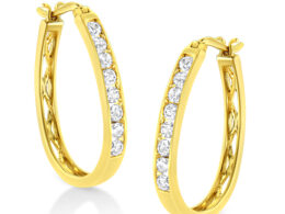 14k Yellow Gold Plated .925 Sterling Silver 1.0 Cttw Channel Set Brilliant Round Cut Diamond Hoop Earrings (J-K Color, I2-I3 Clarity)