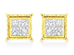 14K Yellow Gold 1.0 Cttw Invisible Set Princess-Cut Diamond Composite 8 Stone Stud Earrings (I-J Color, SI1-SI2 Clarity)