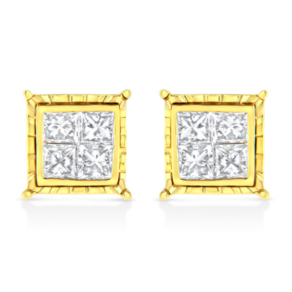 14K Yellow Gold 1.0 Cttw Invisible Set Princess-Cut Diamond Composite 8 Stone Stud Earrings (I-J Color, SI1-SI2 Clarity)