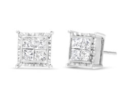 14K White Gold 1 1/2 Cttw Invisible Set Princess-Cut Diamond Contemporary Wavy Quad Stud Earrings (I-J Color, I1-I2 Clarity)