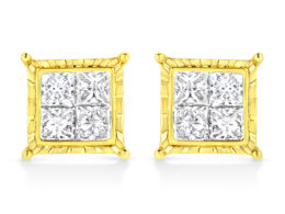 14K Yellow Gold 1 1/2 Cttw Invisible Set Princess-Cut Diamond Composite 8 Stone Stud Earrings (I-J Color, SI1-SI2 Clarity)
