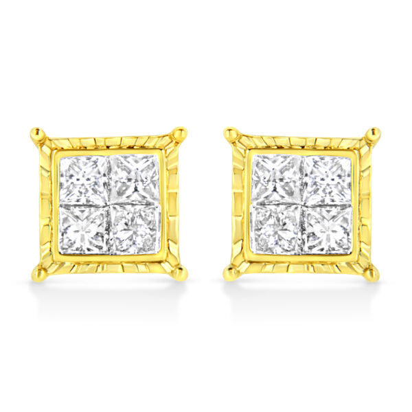 14K Yellow Gold 1 1/2 Cttw Invisible Set Princess-Cut Diamond Composite 8 Stone Stud Earrings (I-J Color, SI1-SI2 Clarity)