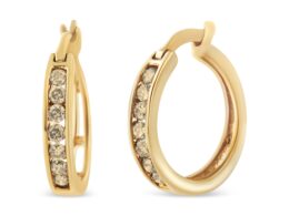 10K Yellow Gold Flashed .925 Sterling Silver 1/4 Cttw Channel Set Champagne Diamond Hoop Earring (K-L Color, I1-I2 Clarity)