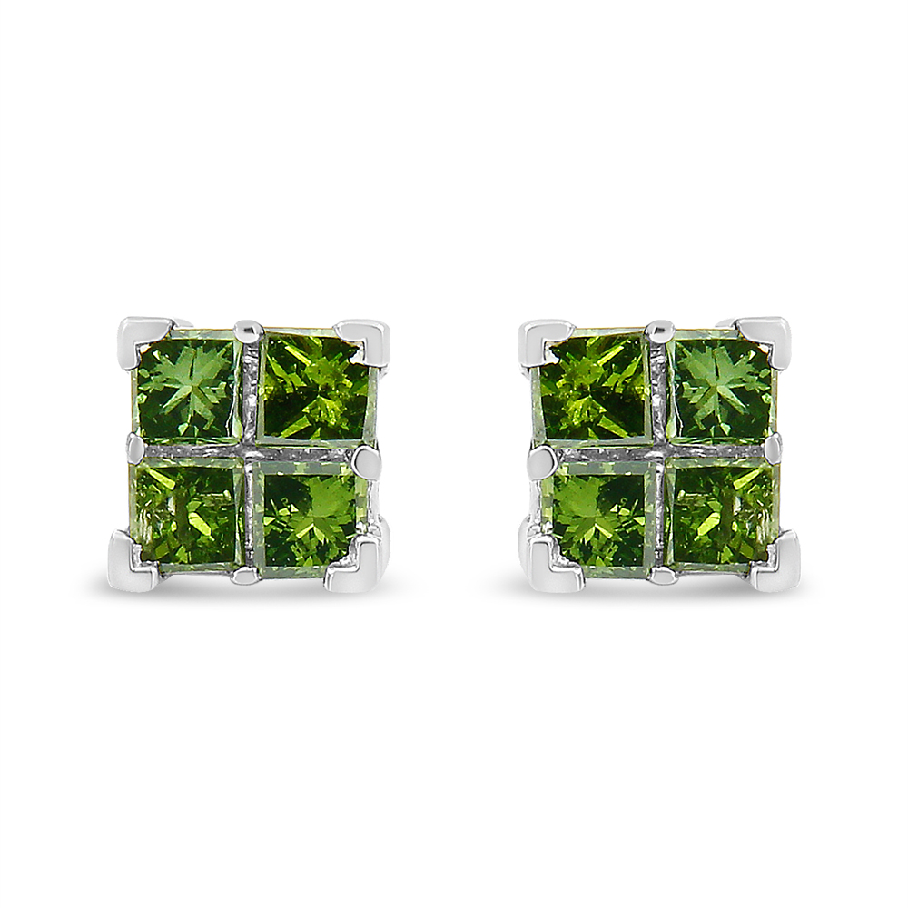 .925 Sterling Silver 3/8 Cttw Treated Green Princess-cut Diamond 4 Stone Composite Quad Stud Earring (Green Color, I1-I2 Clarity)
