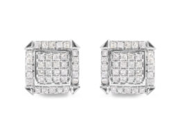 10K White Gold 1 1/10 Cttw Princess Diamond Composite and Halo Stud Earrings (I-J Color, I1-I2 Clarity)