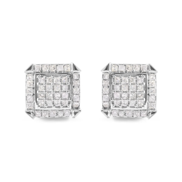 10K White Gold 1 1/10 Cttw Princess Diamond Composite and Halo Stud Earrings (I-J Color, I1-I2 Clarity)