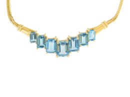 14K Yellow Gold 10.0 Cttw Emerald-Cut Blue Topaz 7-Gemstone Chevron Fashion Pendant Necklace on 18" Herringbone Chain