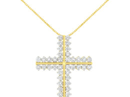 10K Yellow Gold 4.0 Cttw Diamond Two Row Cross 18" Pendant Necklace (J-K Clarity, I1-I2 Color)