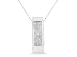 14K White Gold 1/2 Cttw Invisible Set Princess Cut Diamond Vertical Bar Block Pendant 18" Necklace (H-I Color, SI2-I1 Clarity)