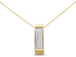 14K Yellow Gold 1/2 Cttw Invisible Set Princess Cut Diamond Vertical Bar Block Pendant 18" Necklace (H-I Color, SI2-I1 Clarity)