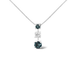 14K White Gold 1 1/2 Cttw Treated Blue and White Diamond 3-Stone 18" Pendant Necklace (Blue/H-I Color, I1-I2 Clarity)
