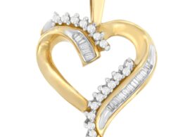 10K Yellow Gold Round and Baguette Diamond Love Forever Heart Pendant Necklace (1/4 cttw, H-I Color, SI1-SI2 Clarity)