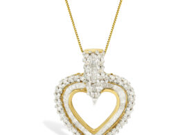 10K Yellow Gold Round and Baguette Cut Diamond Heart Shaped Pendant Necklace (1 cttw, H-I Color, I2-I3 Clarity)