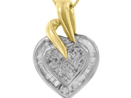 10K Two-Tone Baguette and Princess Cut Diamond Love is Golden Halo Pendant Necklace (1/2 cttw, H-I Color, I1-I2 Clarity)