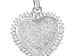 10K White Gold Princess and Baguette Cut Diamond Forever Love Halo Pendant Necklace (1.00 cttw, H-I Color, I2-I3 Clarity)