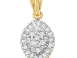 10K Yellow Gold 1/4 cttw Round and Baguette Cut Diamond Oval Burst Halo Pendant Necklace (I-J, I1-I2)