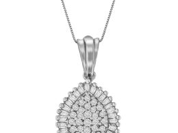 10K White Gold 1/2 Cttw Round and Bagutte-Cut Diamond Teardrop 18" Pendant Necklace (J-K Color, I1-I2 Clarity)