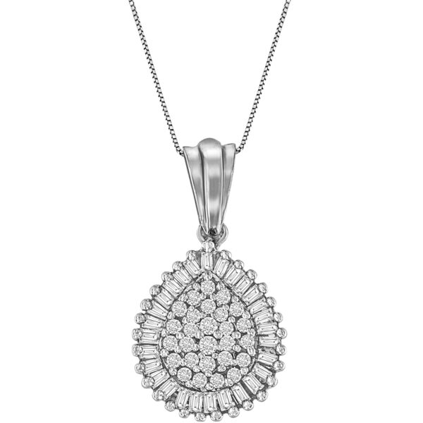10K White Gold 1/2 Cttw Round and Bagutte-Cut Diamond Teardrop 18" Pendant Necklace (J-K Color, I1-I2 Clarity)