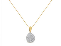 10K Yellow Gold 1/2 Cttw Round and Baguette Cut Diamond Oval Burst 18" Pendant Necklace (J-K Color, I1-I2 Clarity)