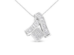 14K White Gold 1 7/8 cttw Princess and Baguette Cut Mixed Geometry Diamond Pendant Necklace (G-H, SI1-SI2)