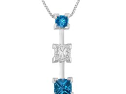 14K White Gold 7/8 cttw Treated Blue and White Princess Cut Diamond Pendant Necklace (H-I, SI2-I1)